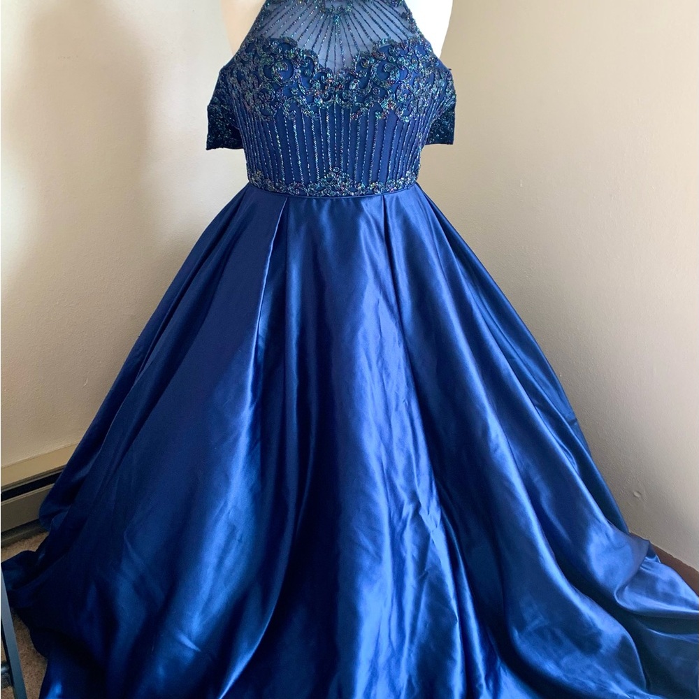 Sherri Hill Royal Blue Halter NeckFormal Prom Ballgown Dress with Beaded Accents - Picture 2 of 9